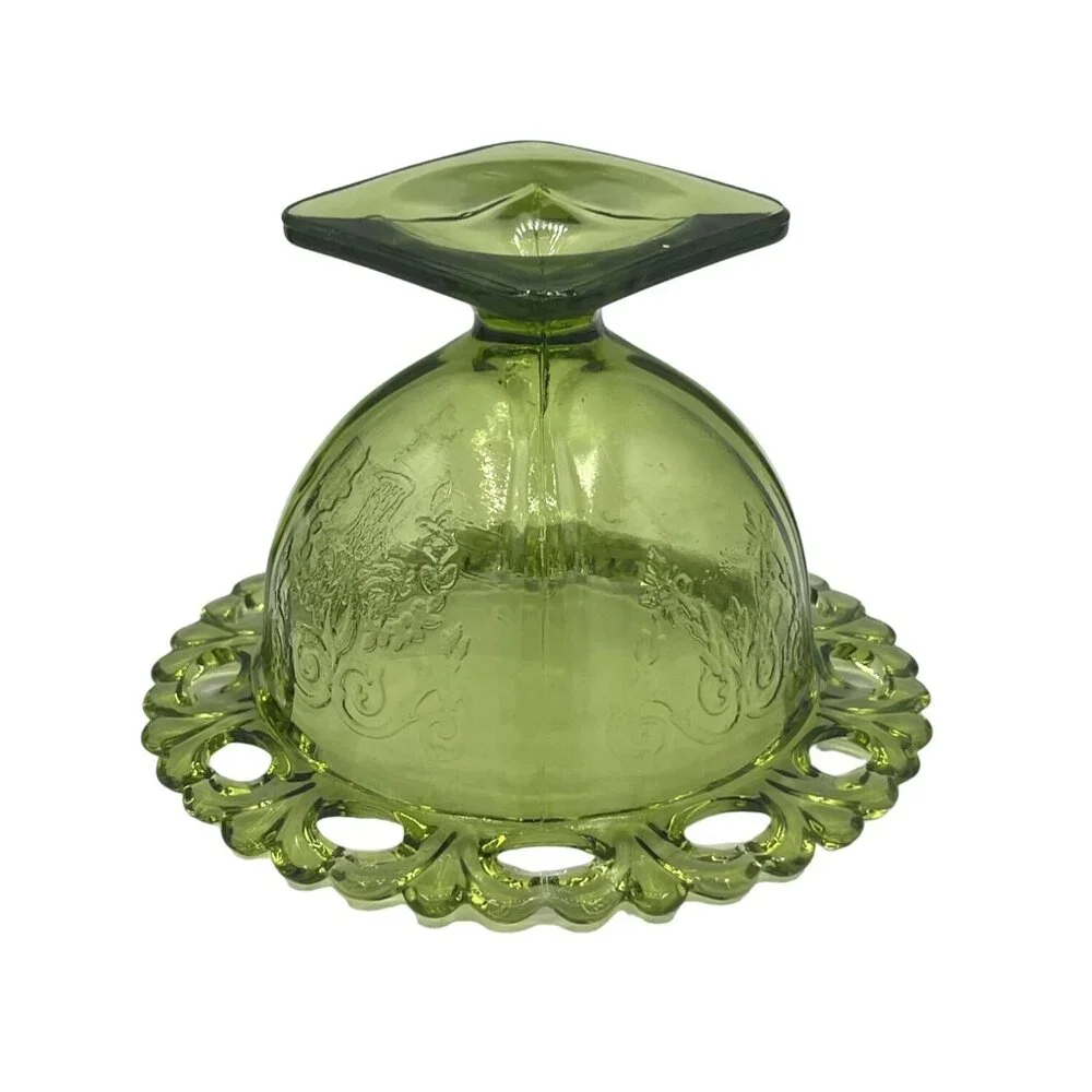 Vintage Green Glass Dessert Bowls Set Of 2 With Decorative Rim  Floral Design - Picture 12 of 15